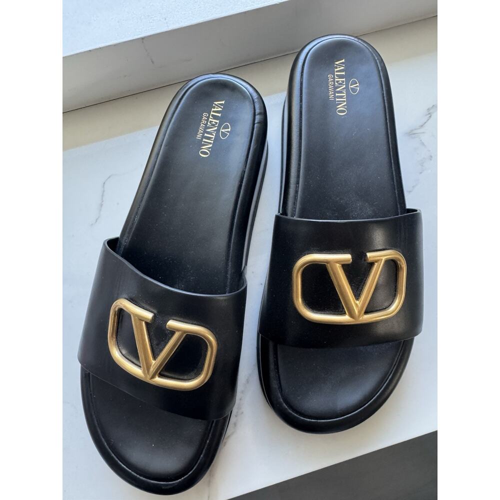 Valentino Dusty Black Leather VLogo Signature Platform Slides Size 41 Us 10.5 - Picture 2 of 15